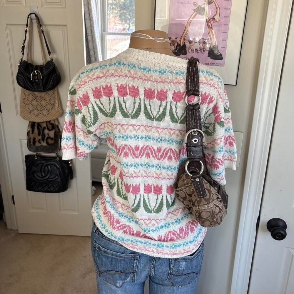 Y2K 2000s floral Tulip Fair Isle Knit Sweater - Picture 4 of 6